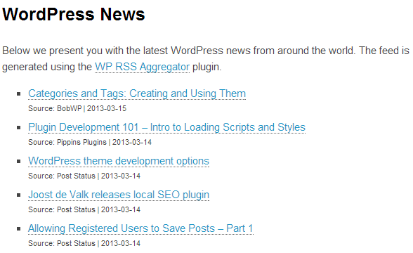 WP RSS Aggregator in action