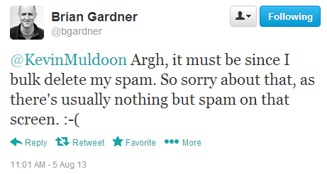 Twitter Message from Brian Gardner
