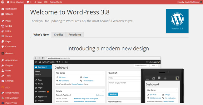 WordPress 3.8 Admin Home