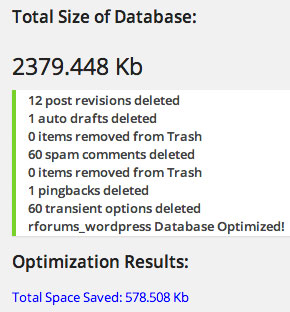 WP Optimize Optimisation Results