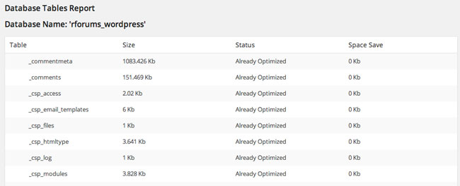 WP Optimize Table Report