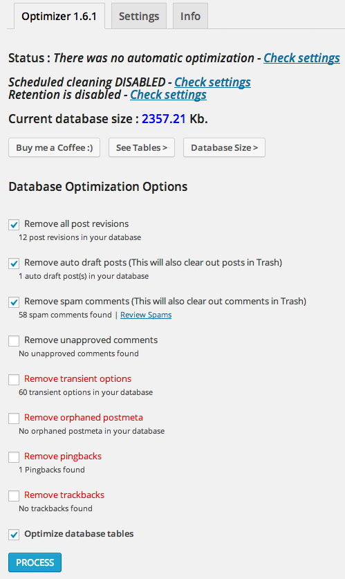 WP Optimize Optimisation Settings