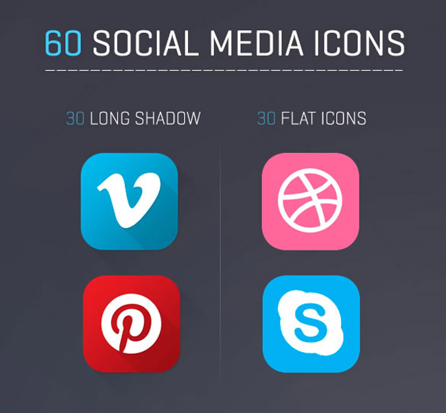 60 Flat and Long Shadow Social Media Icons