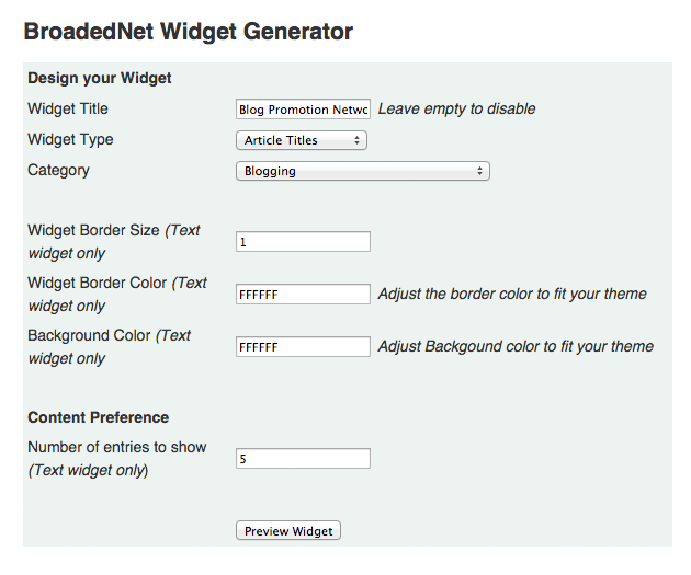 BroadedNet Widget Generator