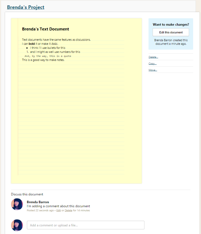 Basecamp text document view