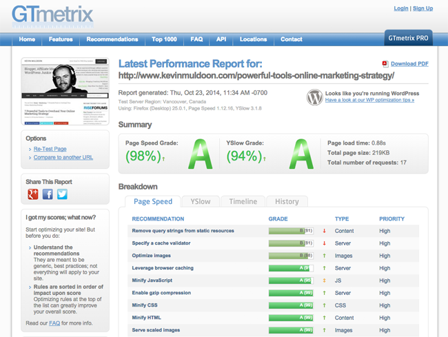 GTmetrix Report with Easy Social Share Buttons