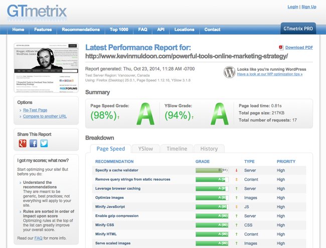 GTmetrix Report with No Sharing Buttons 