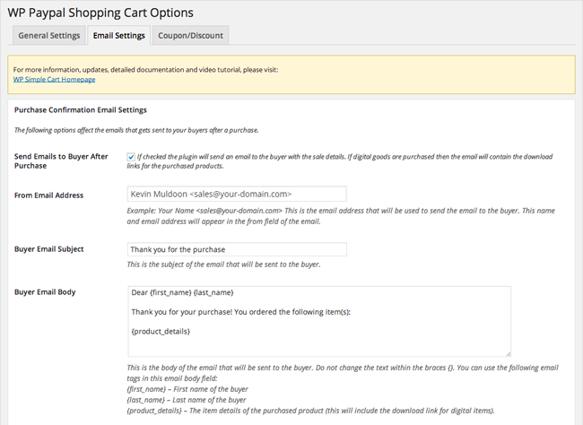 Purchase Confirmation Email Settings