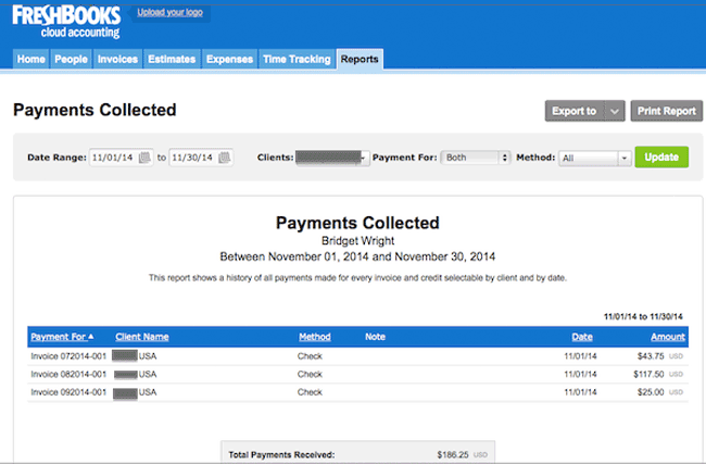 Freshbooks Collection Payments Report