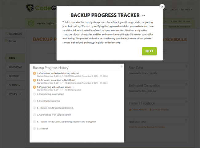 CodeGuard Backup Progress Tracker