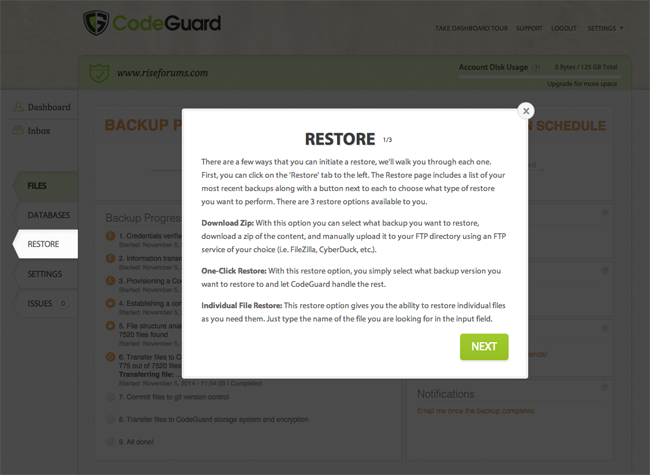 CodeGuard Restore Process