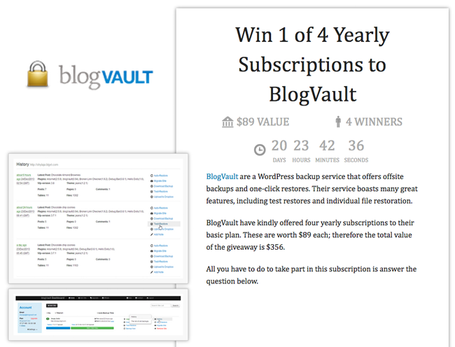 Win 1 of 4 Yearly Subscriptions to BlogVault