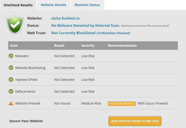 Sucuri Security site check result