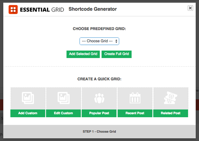 Initial Screen for Shortcode Generator