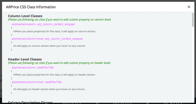 CSS Class Information