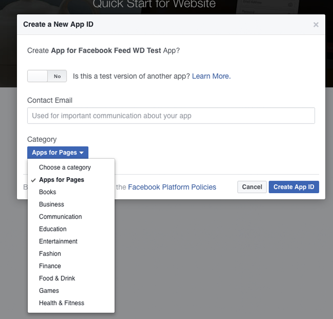 Create New Facebook App ID