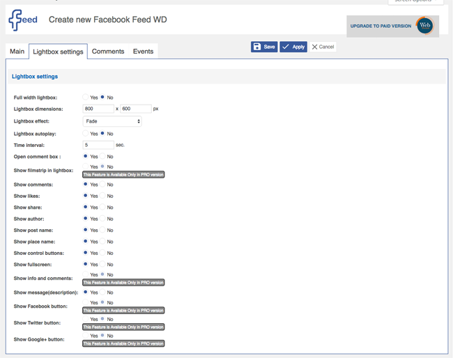 Facebook Feed WD Lightbox Settings