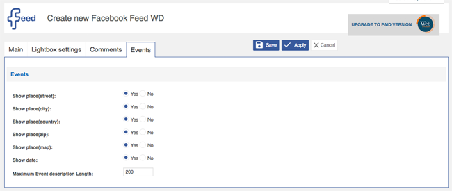 Facebook Feed WD Events Settings