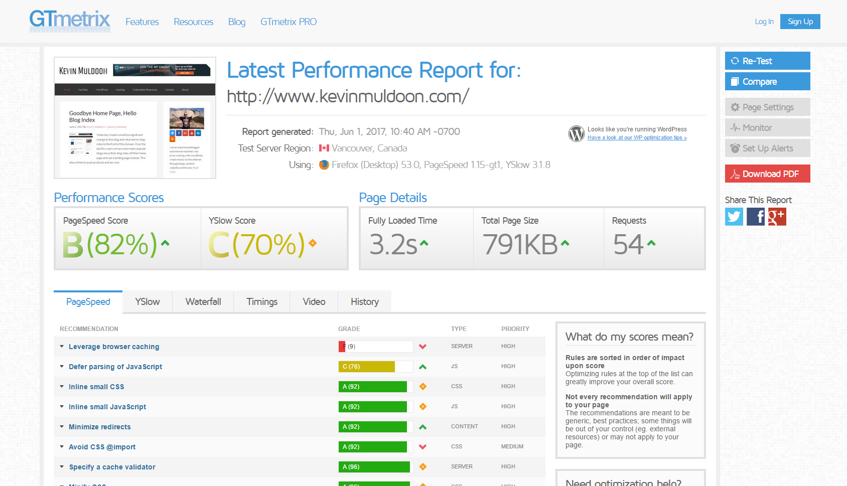 GTmetrix report for my home page before caching.