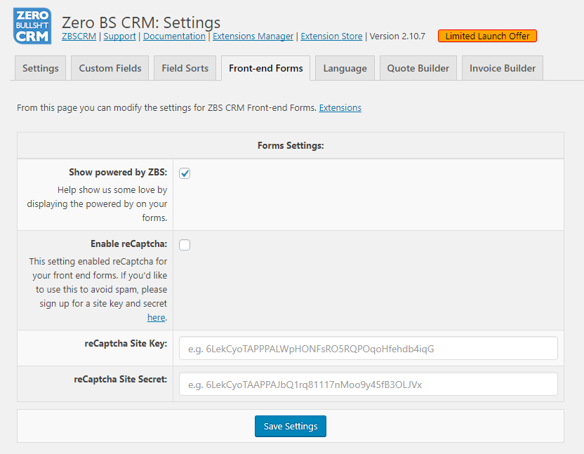 Zero BS CRM Form Settings