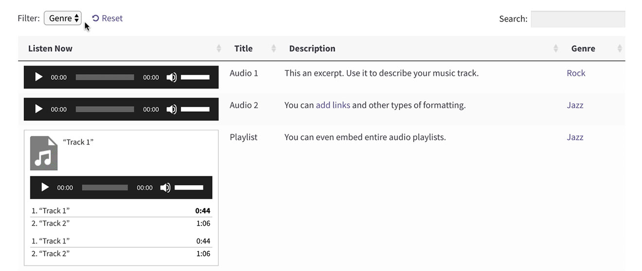 Screenshot of a sortable WordPress audio library