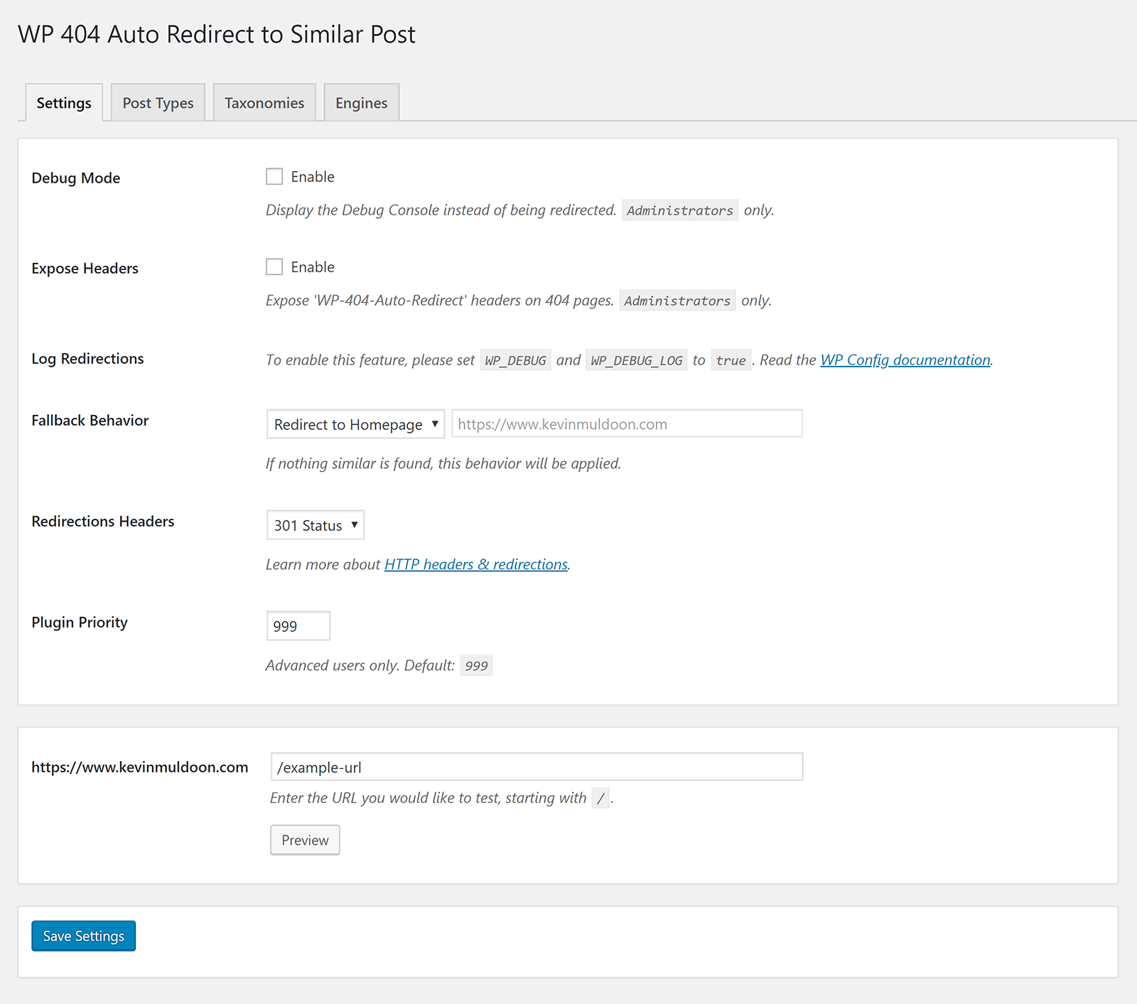 Settings for WP 404 Auto Redirect to Similar Post