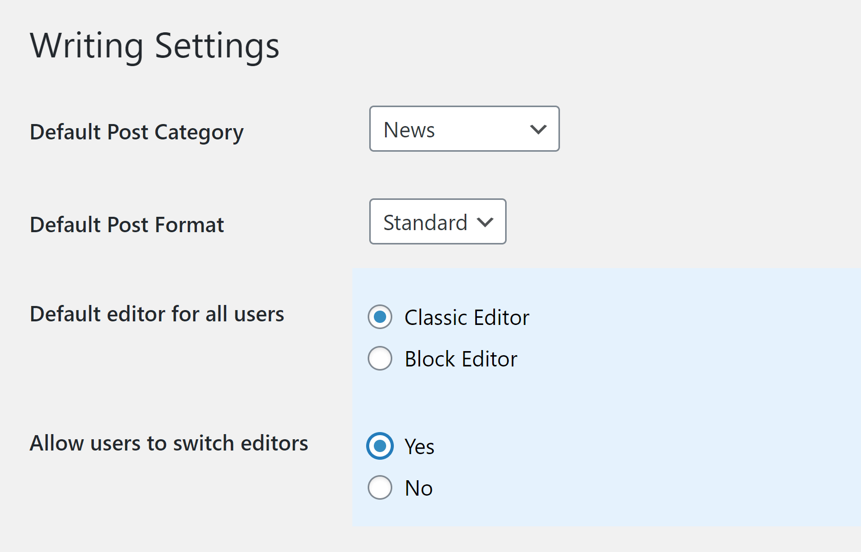 Classic Editor Settings