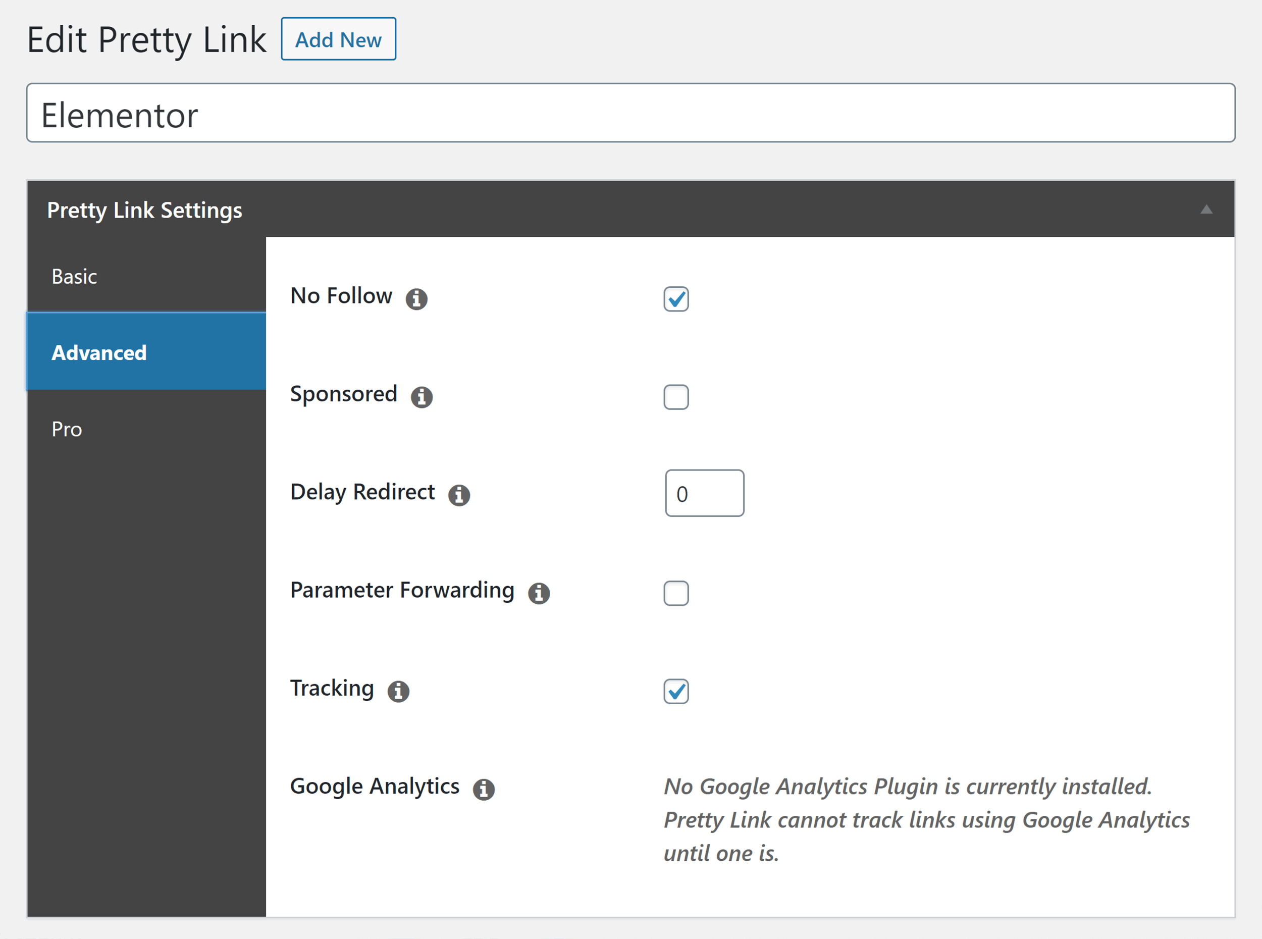 Advanced Options for a Link