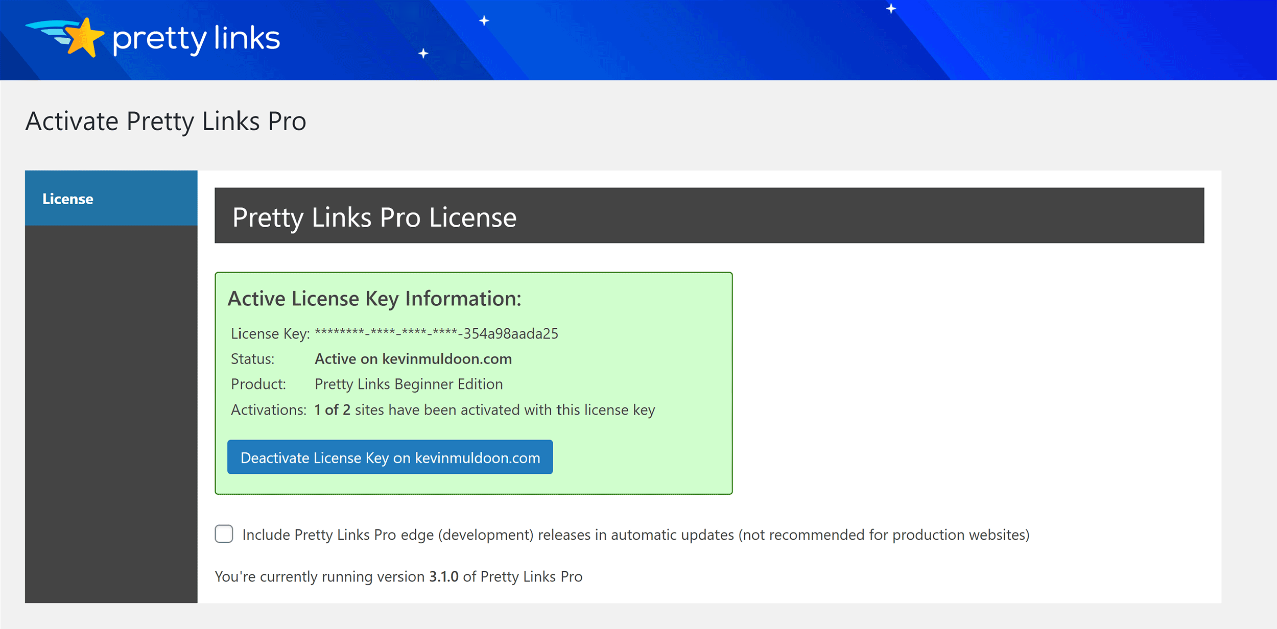 Pretty Links Pro License Information