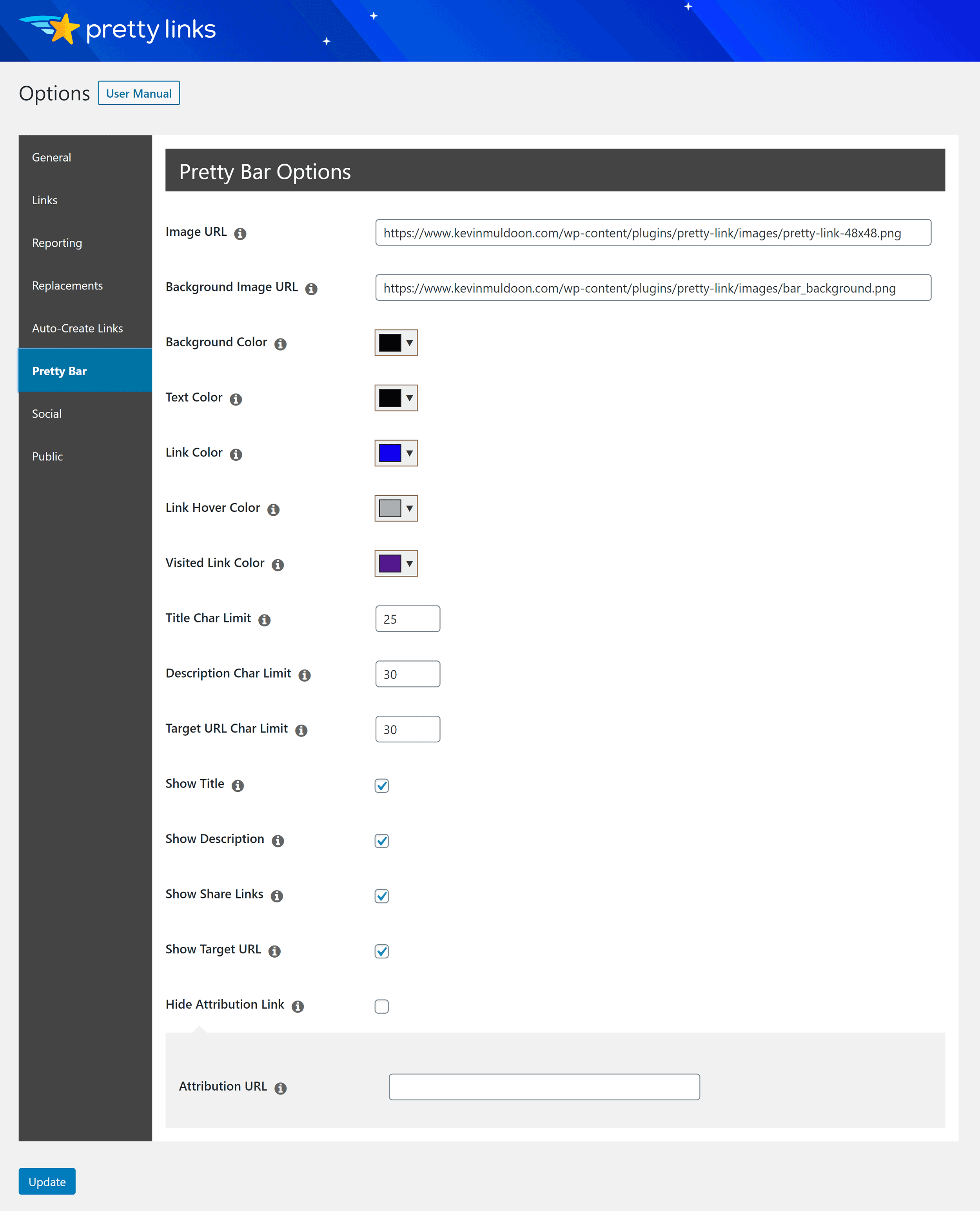 Pretty Bar Pretty Links Pro Options