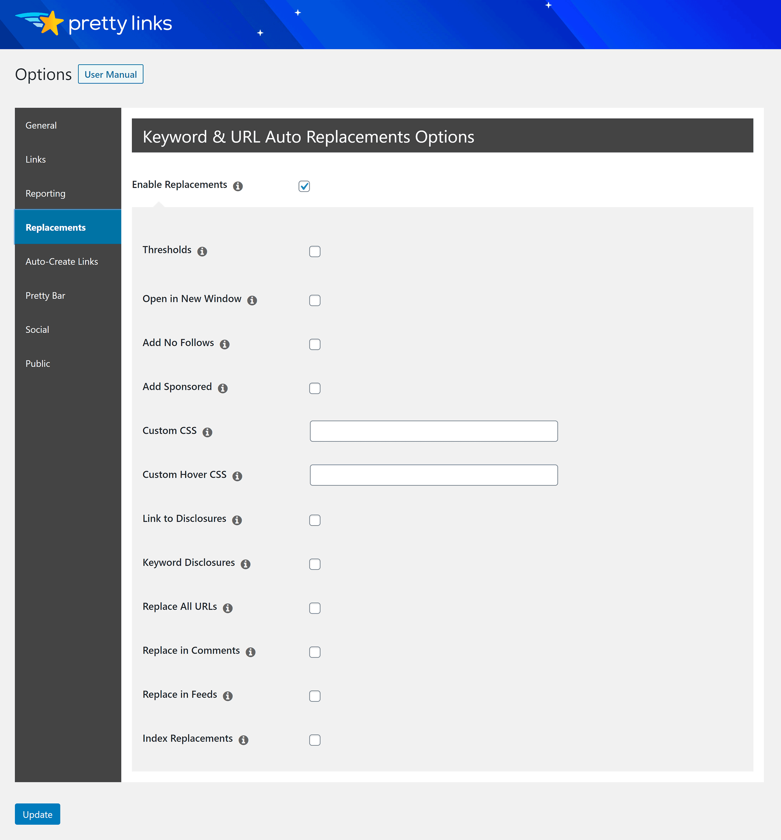 Replacements Pretty Links Pro Options