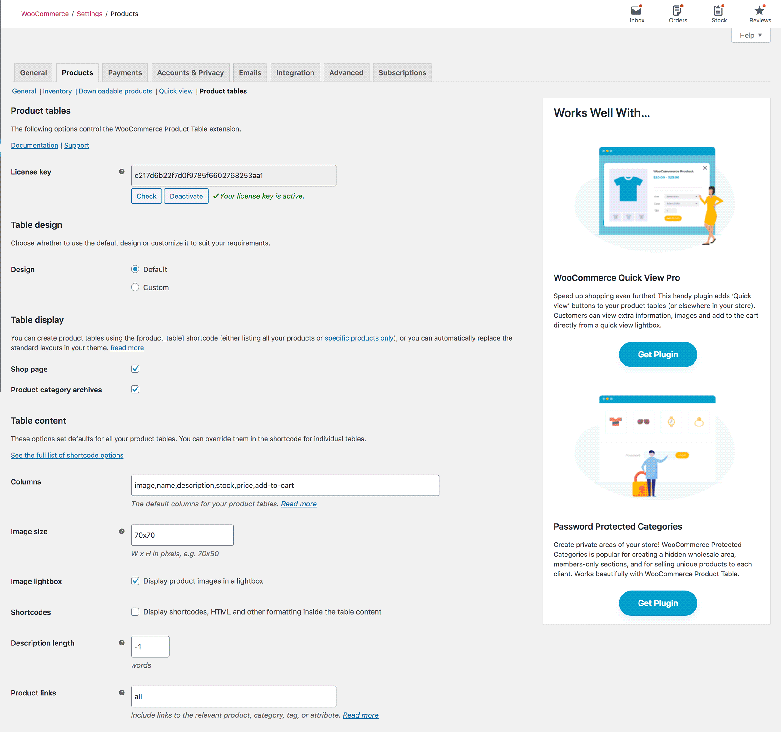 WooCommerce Products Table Settings Area