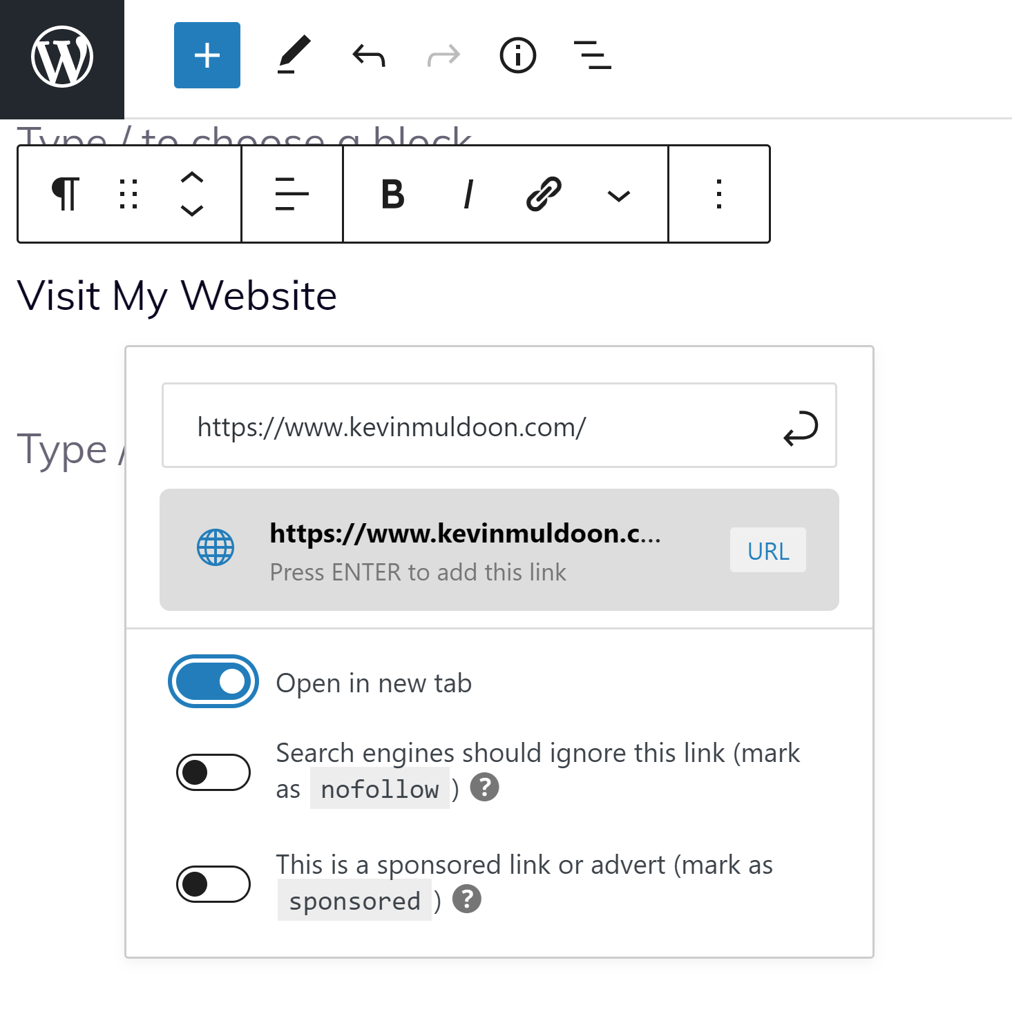 Adding a New Link in the WordPress Block Editor