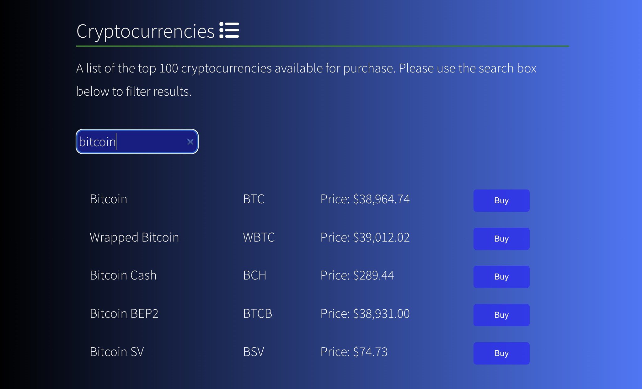 Searching Cryptocurrencies