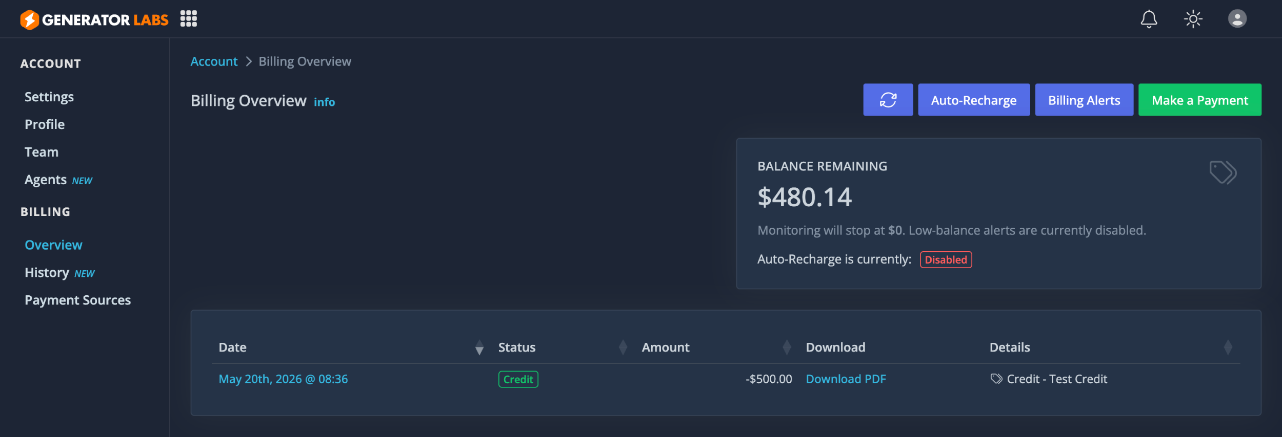 The billing page helps you track the cost of monitoring.