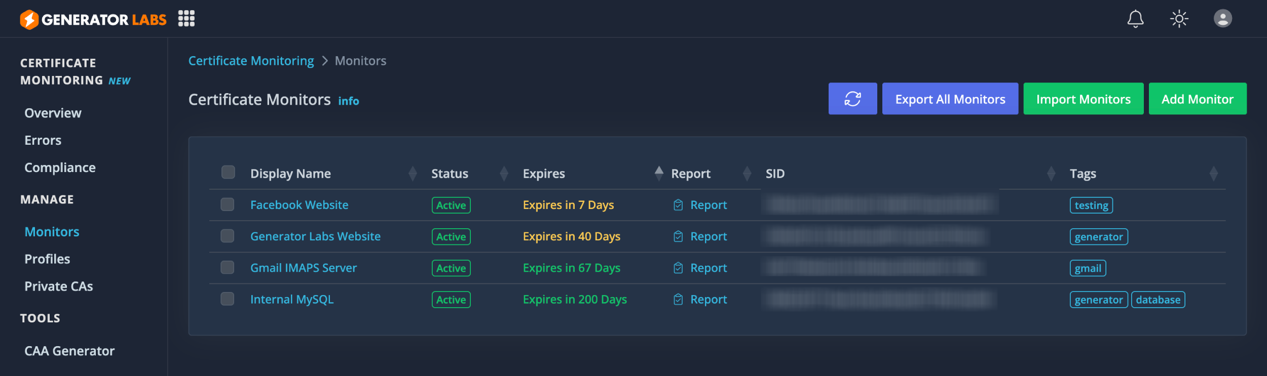 Like blacklist hosts, the certificates you are monitoring can be exported and imported.