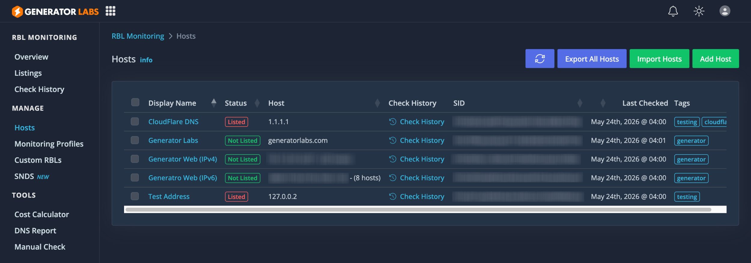 Hosts can be easily imported and exported.